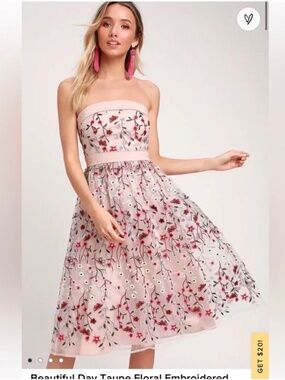 Lulus beautiful day taupe pink floral embroidered midi dress small